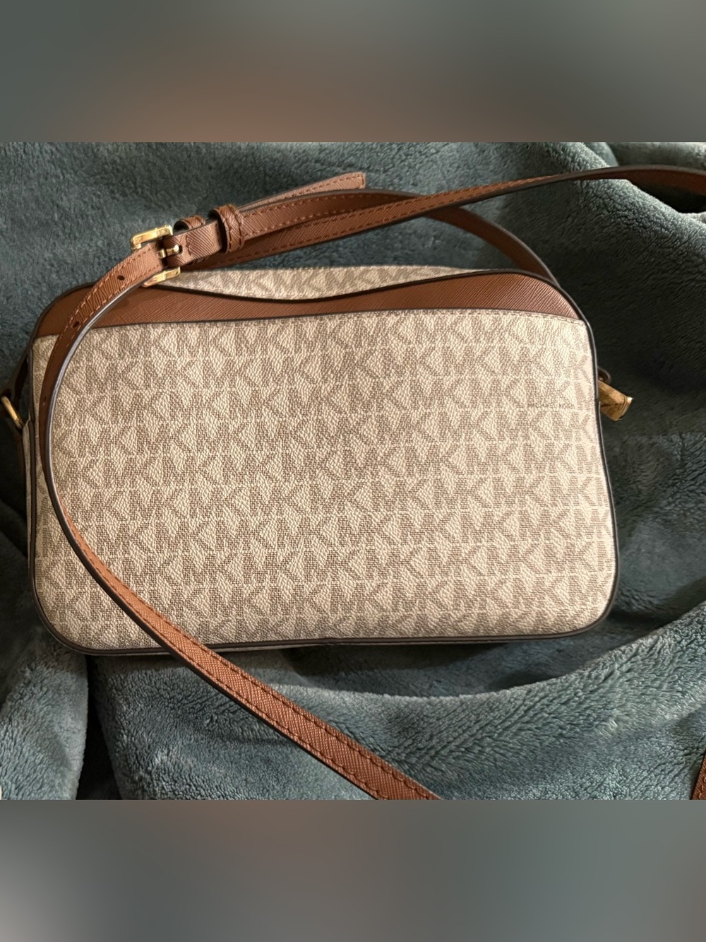 Michael Kors Beige Logo Crossbody with Brown Trim and Gold Chain - Picture 2 of 3
